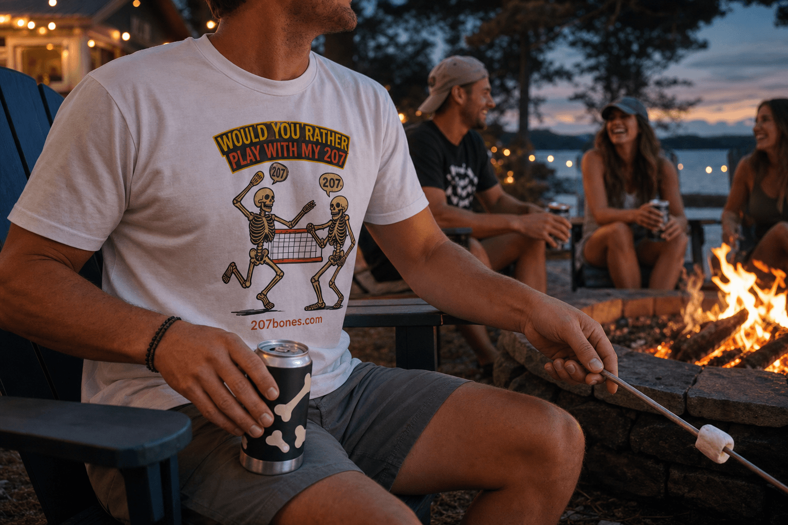 Adult wearing the white humorous skeleton graphic tee at a summer firepit with their face cropped out.