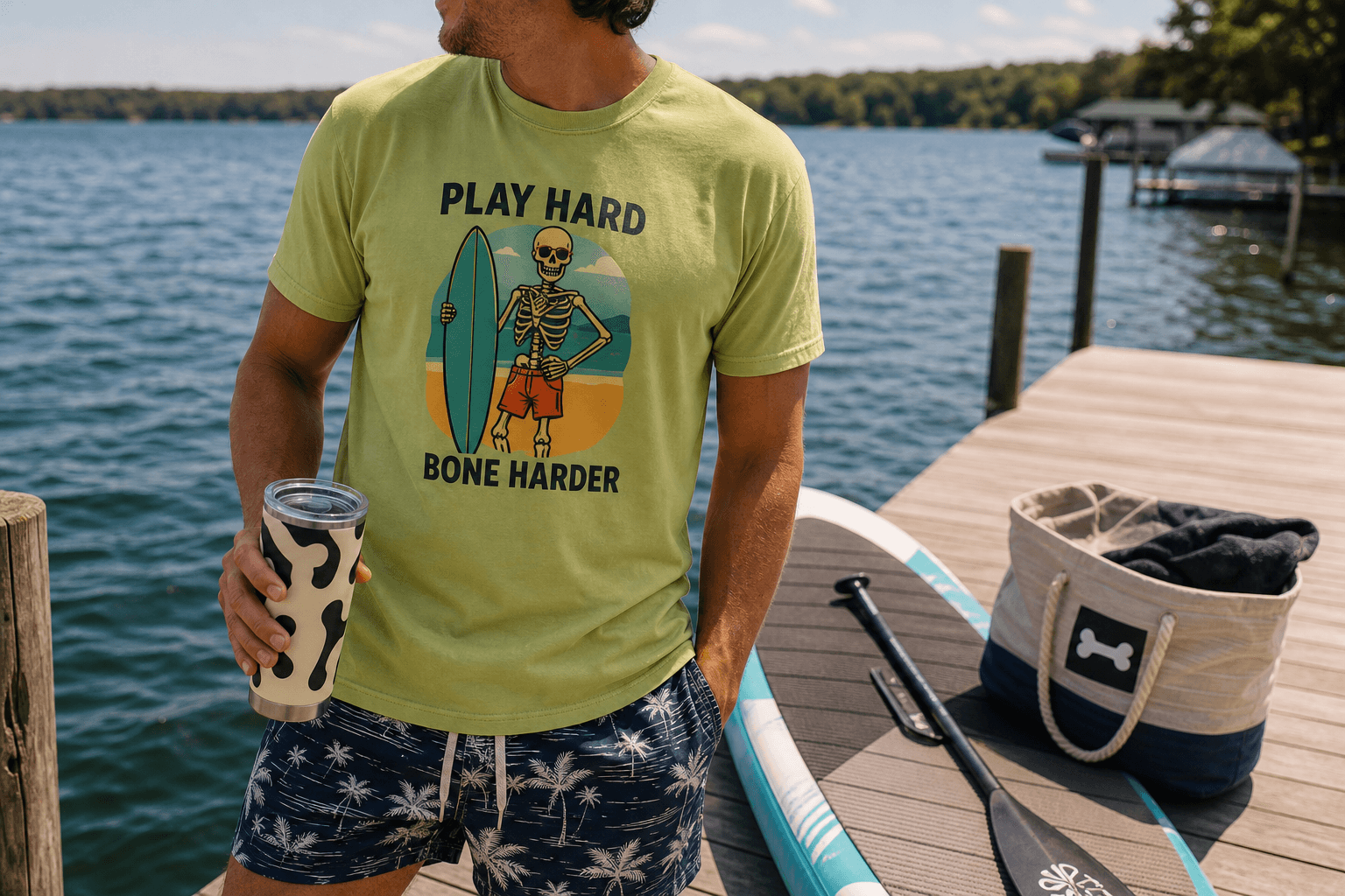 Adult wearing the green Play Hard Bone Harder surf skeleton tee on a sunny dock with their face turned away.