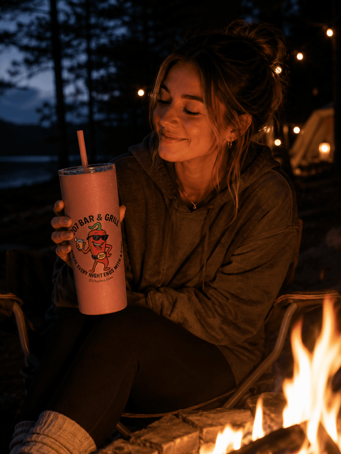 Personalized Skinny Tumbler with straw in pink with Enjoy 207 graphic.