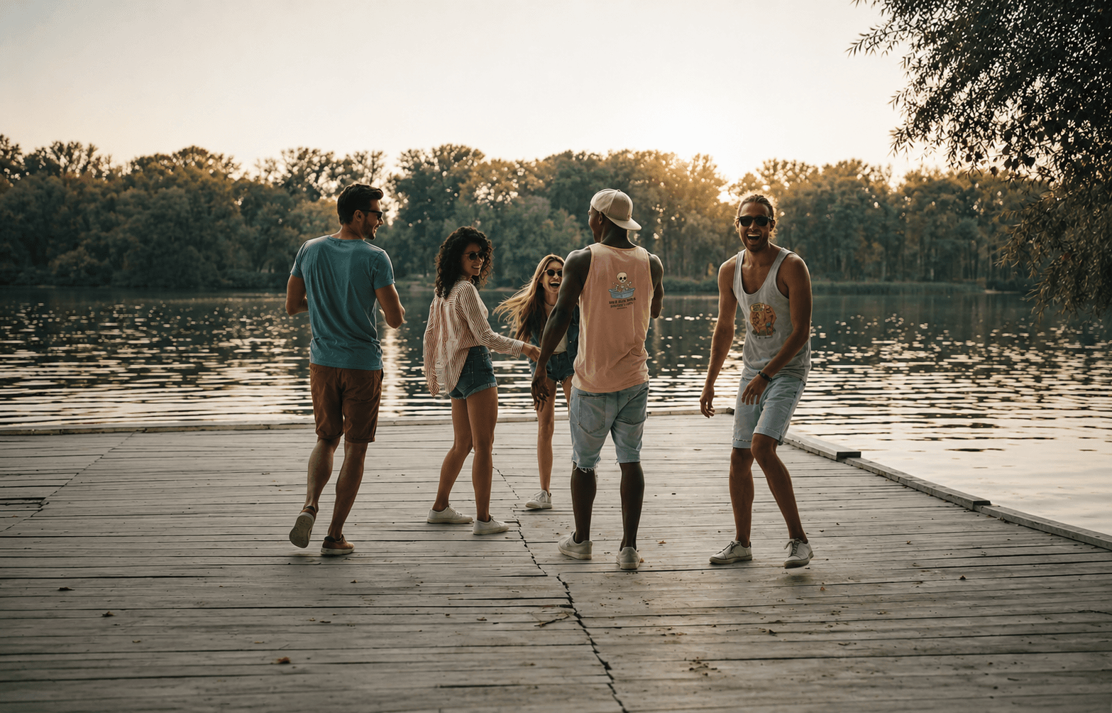 Friends in 207 Bones graphic tees on a dock at golden hour